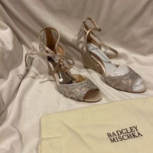 Badgley Mischka Women's Winter Embellished Satin Wedge Sandals Size 8.5